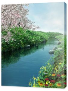 Wiosenna sceneria z rzeką i kwitnącymi drzewami
