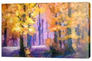 Obraz olejny pejzaż - kolorowe jesienne drzewa. Semi abstrakcyjny obraz lasu, drzew z żółto - czerwonym liściem. Jesień, jesień sezon natura tło. Ręcznie malowany jesienny krajobraz, styl impresjonistyczny