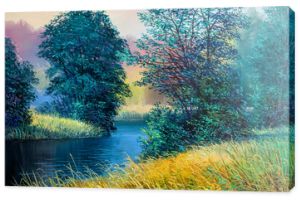 Obraz olejny pejzaż, kolorowy letni las, piękna rzeka
