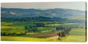 Piękne i cudowne kolory zielonej wiosennej panoramy Toskanii, Włochy.