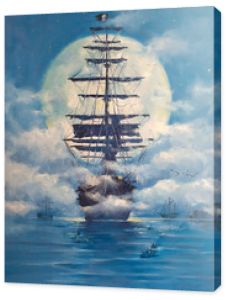 Żegluje statek piratów, latający Holender na otwartym morzu w księżycową noc. Obraz. Malowanie farbami olejnymi