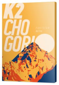 K2 w Karakorum, Pakistan plakat przygodowy na świeżym powietrzu. Góra Chogory na ilustracji zachód słońca.