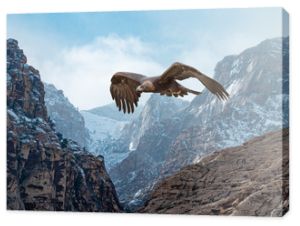 Orzeł przedni (Aquila chrysaetos) w locie nad zaśnieżonymi górami... Niektórzy rdzenni mieszkańcy wierzą, że orzeł może zabrać twoje marzenia do nieba