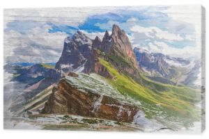 Seceda w górach Dolomitów wczesną wiosną, malarstwo akwarela