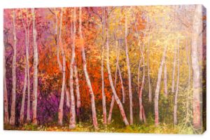 Obraz olejny pejzaż - kolorowe jesienne drzewa. Semi abstrakcyjny obraz lasu, drzew osiki z żółtym i czerwonym liściem. Jesień, jesień sezon natura tło. Ręcznie malowany krajobraz, styl impresjonistyczny