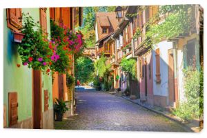 Kwiatowe tradycyjne miasteczko Colmar z uroczymi starymi uliczkami w regionie Alzacji. Francja