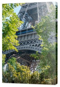 Wieża Eiffla, Paryż, Francja – widok z góry, zerkający przez liście, z niedawnym ogrodzeniem ochronnym