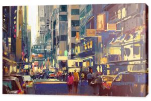 kolorowy obraz ludzi chodzących po ulicy miasta, ilustracja pejzaż miejski