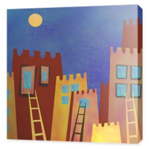 Kolorowe abstrakcyjne wieżowce miasta nocą. Wystrój wnętrz. Ręcznie rysowana noc abstrakcyjna architektura z księżycem na niebie