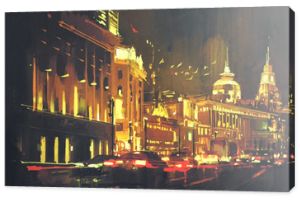 obraz ulicy miasta z kolorowym światłem, Szanghaj Bund nocą