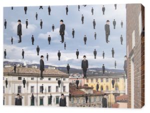biznesmeni unoszący się na niebie nad europejskim miastem, magritte sty