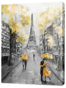 Obraz olejny, Paryż. krajobraz europejskiego miasta. Francja, tapeta, wieża eiffla. Czarny, biały i żółty, Sztuka współczesna. Para pod parasolem na ulicy