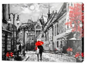 obraz olejny na płótnie europejskie miasto. Węgry. widok na ulicę Budapesztu. Grafika. ludzie pod czerwonym parasolem. Drzewo. Noc i księżyc.