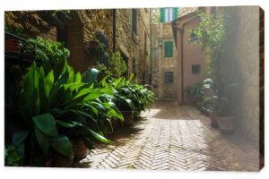 Piękne uliczki średniowiecznej wioski Toskanii we Włoszech, Pienz