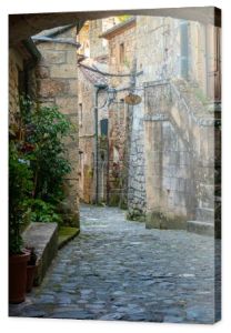 Ulice i budynki średniowiecznego miasteczka Sorano, Toskania, Włochy