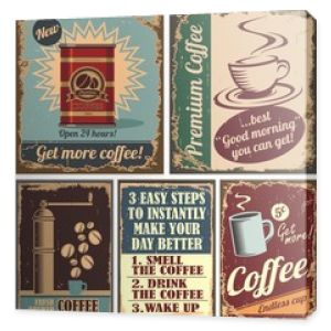 Vintage plakaty kawowe i metalowe tabliczki