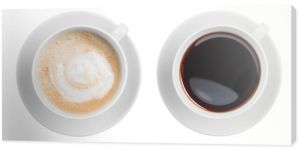 cappuccino i czarna filiżanka kawy espresso widok z góry na białym tle