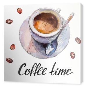 Filiżanka kawy z fasolą i napis "Coffee time" na białym tle na białym tle, akwarela ilustracja w stylu rysowane ręcznie.