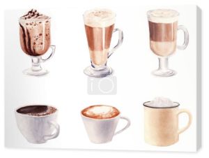 Ręcznie malowane Zestaw z filiżanką kawy Latte i szklanką kawy czekoladowej mocha izolowane na białym tle.