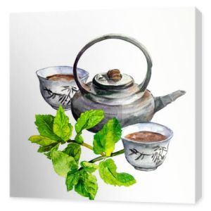 Miętowa herbata zestaw - czajnik i filiżanki chiński tradycyjny. Akwarela