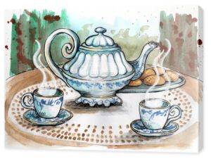 Zbliżenie czajniczek i herbata Kubki na stole