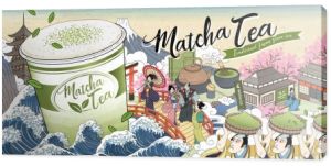 Ukiyo-e reklamy herbaty Matcha z gigantyczny puchar Fast pływających po wodach oceanu, herbata słowo napisane w japoński Kanji