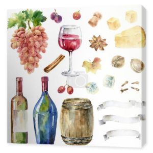 Rysowane ręcznie malowane akwarela ilustracja kiść winogron, kieliszek wina, przyprawy i inne elementy