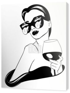 Wektor ręcznie rysowane realistyczne ilustracja kobieta przy lampce wina na białym tle. Surrealistyczna tatuażu. Szablon dla karty, plakat. baner, wydruku dla t-shirt, pin, odznaka, patch.