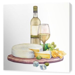 Akwarela butelkę i kieliszek wina z winogron i serem camembert