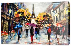obraz olejny na płótnie, widok na ulicę Paryża. Grafika. Wieża Eiffla . ludzie pod czerwonym, niebieskim parasolem. Drzewo. Francja