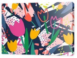 Kreatywne tło poziome z kwiatów tulipanów i kolorowe plamy streszczenie i bazgrołów. Jasne kolorowe tło dekoracyjne. Modny artystyczny wektor ilustracja w stylu sztuki współczesnej.