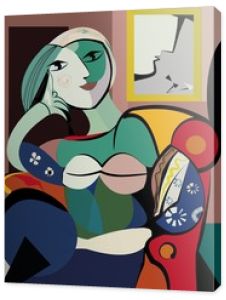 Kolorowe abstrakcyjne tło inspirowane Picasso, kobieta w fotelu