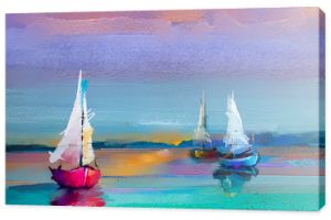 Kolorowy obraz olejny na płótnie tekstury. Obraz impresjonistyczny obrazów pejzażowych na tle światła słonecznego. Nowoczesne obrazy olejne z łodzią, żagiel po morzu. Abstrakcyjna sztuka współczesna na tle