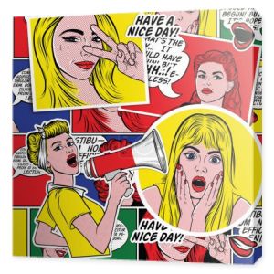 Retro Pop sztuka tło komiks z uśmiechający się dziewczyny. Wow twarz kobiety. Sexy zaskoczony młoda kobieta z otwartymi ustami i blond włosy i dymek. Kolorowe tło wektor w retro komiks stylu pop art. 