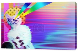 Pop art astronauta kot kolaż z rainbow rays, trendy współczesnej koncepcji projektowania, wibrujący pary fala styl tło.