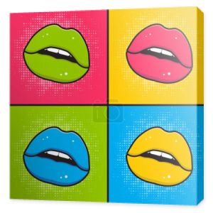 Pop art poster. Multi-colored lips on a multi-colored background. vector illustration.