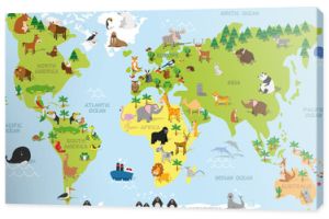 Mapa świata śmieszne kreskówki z tradycyjnymi zwierzętami wszystkich kontynentów i oceanów. Ilustracja wektorowa do projektowania edukacji przedszkolnej i dzieci