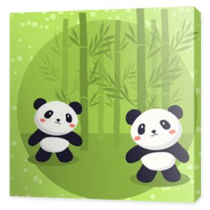 Dwa słodkie małe misie panda kreskówka stojący w zielonym tle bambusa.