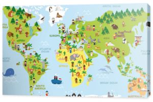 Zabawna mapa świata z kreskówek z dziećmi różnych narodowości, zwierzętami i zabytkami wszystkich kontynentów i oceanów. Ilustracja wektorowa do projektowania edukacji przedszkolnej i dzieci.