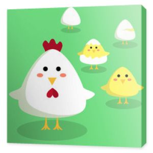 Edytowalne ilustracji wektorowych cute kurczaka, pisklęcia i jajka w zielonym tle.