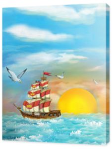 Kreskówka fantasy scena żeglugi tradycyjnym statkiem - dobra dla różnych bajek - ilustracja dla dzieci
