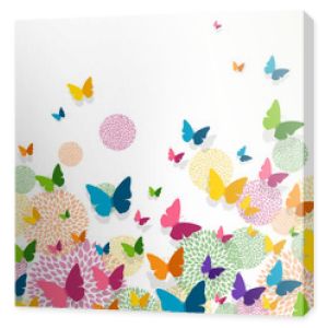 Ilustracja wektorowa projektu kartki z życzeniami z kolorowymi papierowymi motylami i kwiatowymi elementami