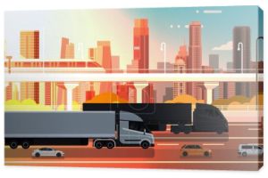 Ciężarówki naczepy duży z drogowego autostrady przyczep z samochodów i ciężarówek Over miasto krajobraz wysyłki i dostawy koncepcja