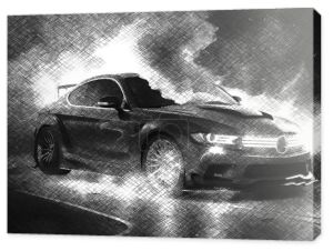 czarno-biały obraz samochodu i dymu, szkic stylu