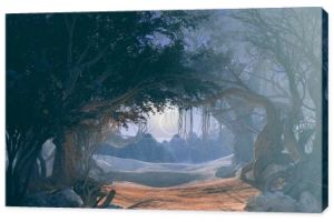 Widok 3D z lasu cofnięty w ten rezerwa w gęstej mgle