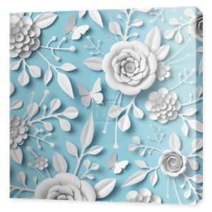 renderowania 3D, kwiaty z papieru biały na niebieskim tle, Suknie ślubne projektowanie i dekoracja ślubna, botaniczny ornament kwiatowy wzór