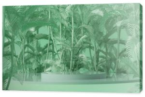 Minimalna scena z podium, palmami tropikalnymi, liśćmi i abstrakcyjnym tłem. Pastelowy niebieski i zielony sceny kolorów. Trendy 3d renderowania na banery social media, promocja, pokaz produktów kosmetycznych.
