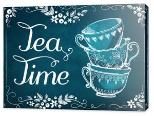Zaproszenie na przyjęcie herbaciane. Retro ilustracja Tea Time z uroczymi filiżankami
