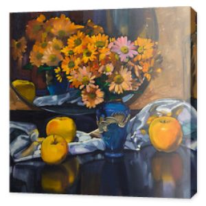 Obraz olejny martwa natura z bukietem kwiatów w wazonie wokół tkaniny, jabłek i lustrzanego odbicia kwiatów na płótnie z teksturą
