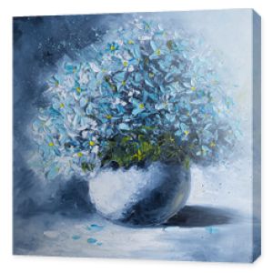 Oryginalny obraz olejny na płótnie - Bukiet niebieskich kwiatów w białym okrągłym wazonie - Sztuka współczesna